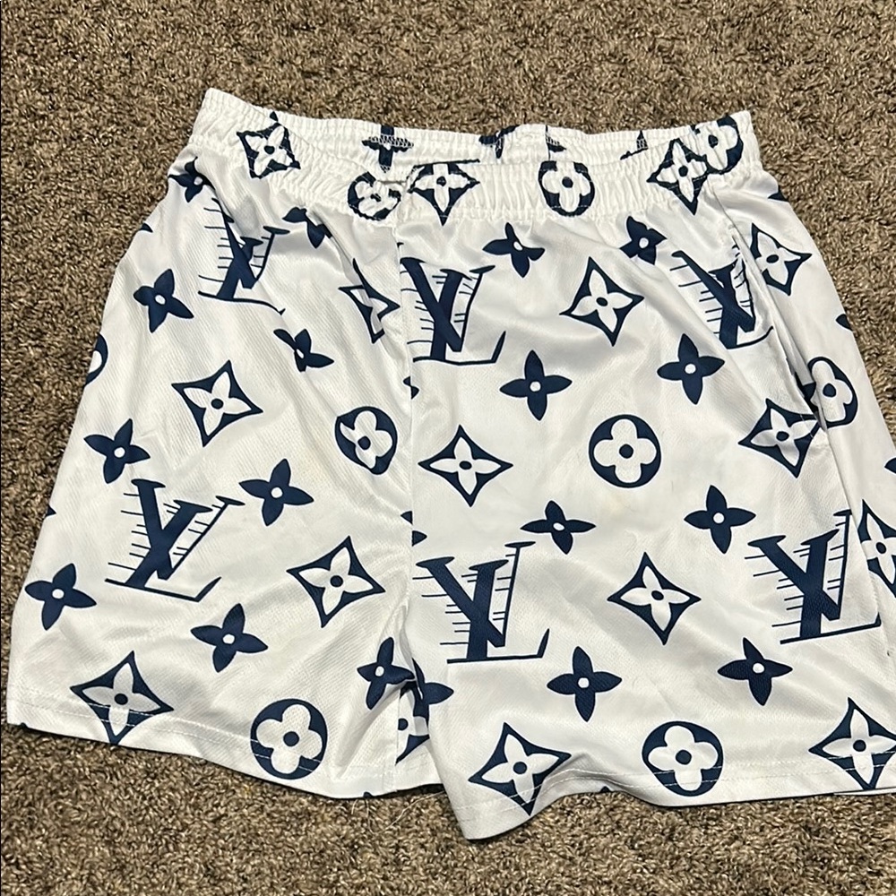Louis Vuitton White and Blue Logo Shorts